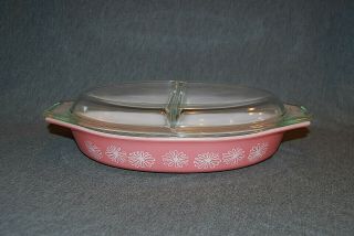 Vintage Pyrex Pink Daisy Oval Divided Serving/baking Dish 1 1/2 Qt.  W/lid