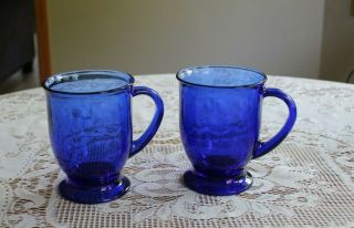 Vintage Set Of 2 Anchor Hocking Cobalt Blue Glass Pedestal Coffee Mugs