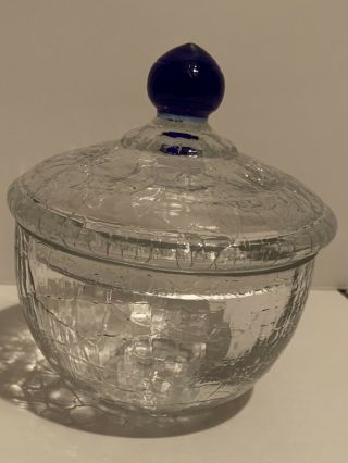 Crackle Glass Sugar Jar With Cobalt Blue Knobbed Lid