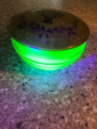 Uranium Vaseline Depression Glass Covered Candy Dish Green Jewelry Dish Vintage