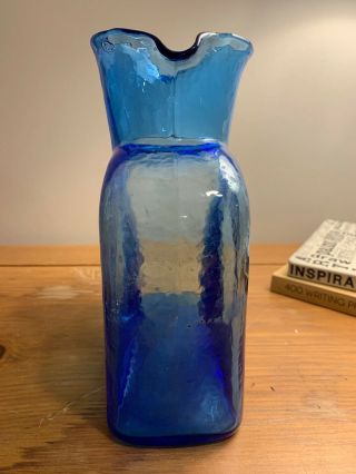 BLENKO ART Glass Double Spout Cobalt Blue Water Carafe Pitcher Jug Vase 4