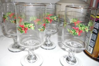 Set Of 4 Vintage Libbey Christmas Water Goblets Holly And Ribbon 12 Oz Glasses