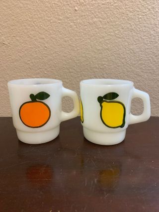 Set Of 2 Fire King Anchor Hocking Fruit Mugs Orange Pear Lemon