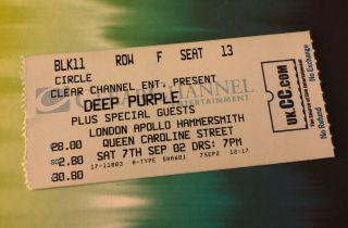 Deep Purple Ticket Stub - London Apollo - 7th Sept 2002 - Concert Memorabilia