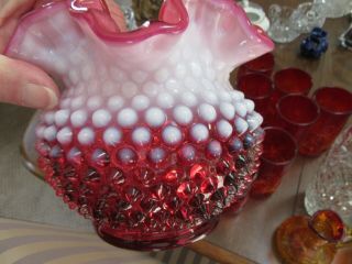 Vintage Fenton Hobnail Opalescent Cranberry 5 1/2 " Squat Ruffled Vase