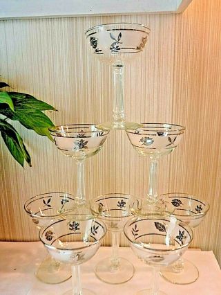 Vintage 8 Libbey Glass Co.  Silver Frosted Leaf Tall Champagne Cocktail Glasses
