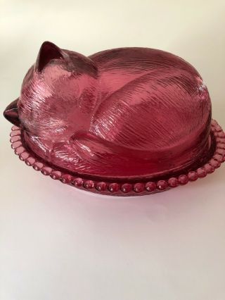 Vintage Indiana Glass Cat On A Nest Candy Dish Cranberry Depression Glass Pink