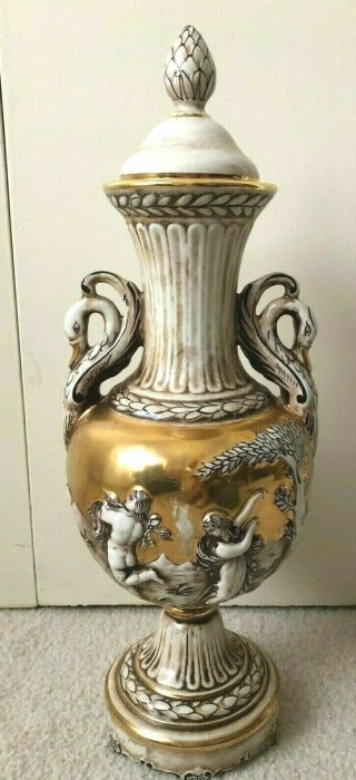 Vintage Capodimonte Swan Handled Urn 16 " Lidded Raised Roman Scene Vase Italy
