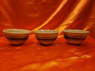 Three Weller 5 " Yellow Ware Brown Banded Mixing Bowls C1910 - 1920