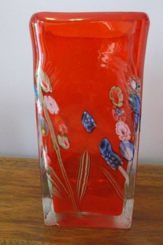 Vintage Murano Rectangular Cylinder Red Vase With Millefiori Accents 8 " Tall