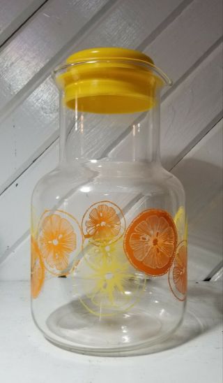Vtg Pyrex Clear Glass Juice Carafe Pitcher Lemon Orange Slice 2qt Decanter W/lid