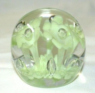 Vintage Art Glass Paperweight - St Clair Glass - 5 Trumpet Flowers,  Pale Green