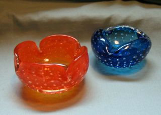 Set Of 2 Midcentury Modern Murano Orange/blue Controlled Bubble Glass Bowls