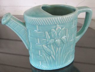 Shawnee Pottery Turquoise Iris And Basketweave Watering Can Planter Vase
