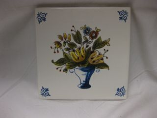 Vintage Dutch Westraven Handmade Royal Delftware Tile Flower