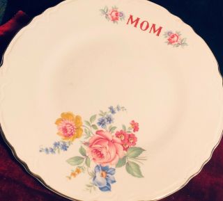 Vtg Personalized Mom And Pop Dinner Plates Transferware Pink Roses,  Gold Trim