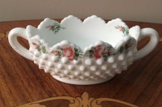 Fenton Hobnail Hand Painted Milk Glass Trinket/candy Dish,  Signed