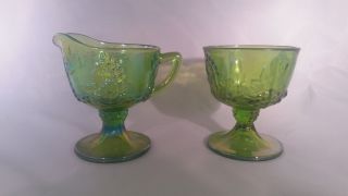 Vintage Green Carnival Glass Creamer And Sugar Bowl Set Indiana