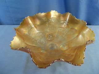 Fenton Marigold Carnival Glass Chrysanthemum & Windmill 3 Footed Large Bowl Exc