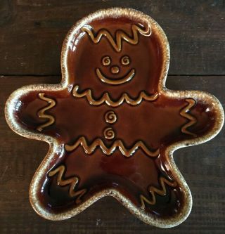 Vintage Hull Gingerbread Man Cookie Plate Brown Drip Glaze 10 - 1/4 "