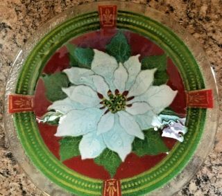 Peggy Karr Fused Art Glass Signed Bowl 8 1/2 ",  White Poinsettia