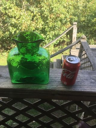 Vintage Blenko Glass Green 2014 Double Spout Water Bottle Pitcher Carafe
