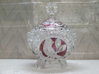 crystal cut ruby red bleikristall hofbauer love bird 3 foot dish/etched glass 2
