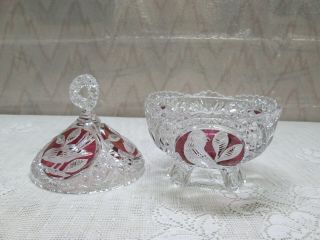 crystal cut ruby red bleikristall hofbauer love bird 3 foot dish/etched glass 5