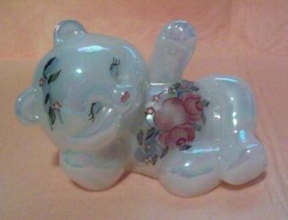 Fenton Opalescent White Reclining Bear Figurine With Hand Painted Pink Roses