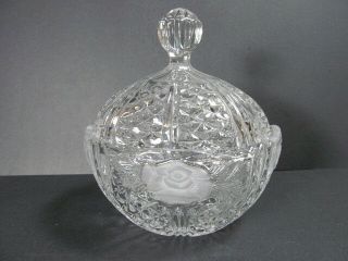 Vintage Anna Hutte Bleikristall Lead Crystal & Frosted Roses Candy Dish & Lid
