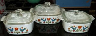 Set Of 3 1975 Corning Ware Country Festival Friendship Casserole Dishes W/lids