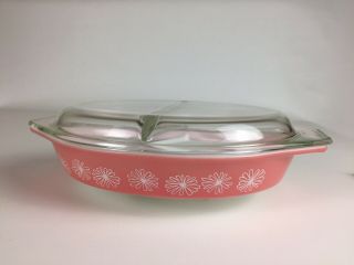 Rare Vintage Pyrex Pink Daisy Divided Casserole Dish W/ Lid 1 1/2 Quart