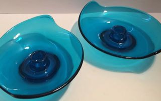 Vintage Viking Art Glass Dish Blue Candle Holder Mid Century Modern Set Of 2