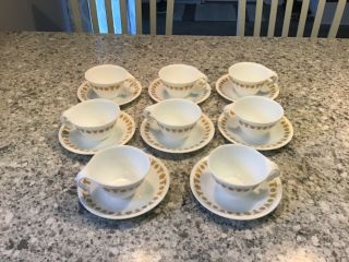 Set Of 8 Corelle " Butterfly Gold " Hook Handled Coffee Cups With Saucers (16pcs)