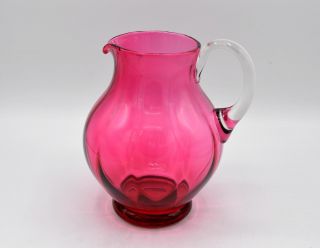Vintage Cranberry Glass Water Pitcher With Clear Applied Handle
