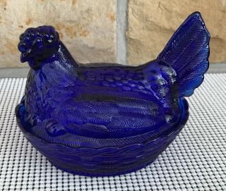 Vintage Cobalt Blue Hen Chicken On Nest Covered Candy Dish Split Tail