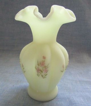 Fenton Pink Blossom On Custard Glass Ribbed Vase Signed Betsy W Glows