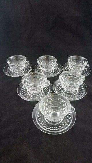 Vintage Set Of 6 Fostoria American Cubist Clear Tea Cups And Saucers 230