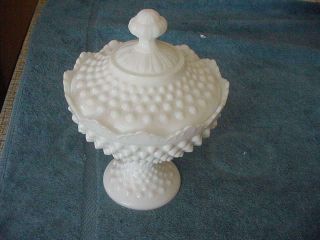 Fenton Milk Glass Hobnail Footed Candy Dish,  With Lid,  Scalloped Top Edge