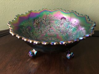 Fenton Antique Carnival Glass Cobalt Blue Ruffled Footed Bowl Flower Print 6.  5”