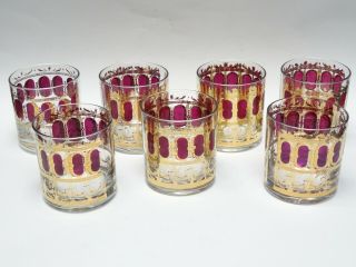 Set Of 6 Culver Cranberry Scroll 22k Gold Lowball Tumblers Cocktail Glasses