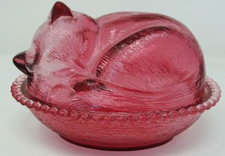 Vintage Indiana Glass Cat On A Nest Candy Dish Cranberry Depression Glass Pink