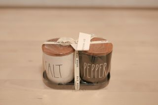Rae Dunn " Salt " & " Pepper " Shakers W/ Wooden Lids Ivory/black
