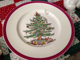 Rare Vtg Copeland Spode Christmas Tree Magenta Rim 10 5/8 " Dinner Plate