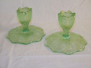 Vintage Green Pressed Glass Candle Holders Marked