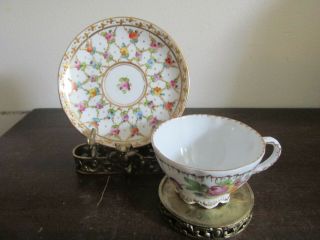 Antique Dresden Germany Hand Painted Demitasse Cup And Saucer Flowers Gold
