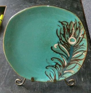 Pier 1 Imports Teal Peacock Stoneware 10.  5 " - 11 " Rounded Square Dinner Plate