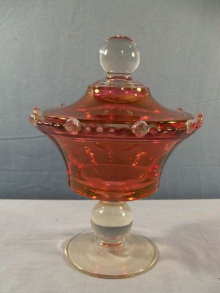 Vintage Cranberry Flashed Stained Covered Compote Candy Dish
