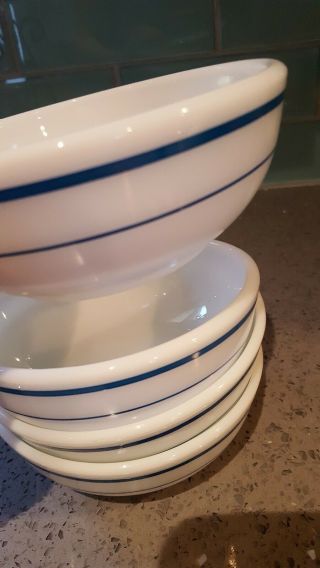 4 Pyrex Tableware Corning Blue Stripe Restaurant Ware Bowls Thick Milk Glass 705