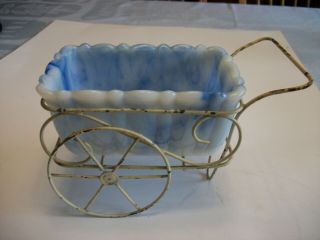 Akro Agate 6 " Blue & White Marbleized Ribbed Planter In 5 1/2 " Wire Cart